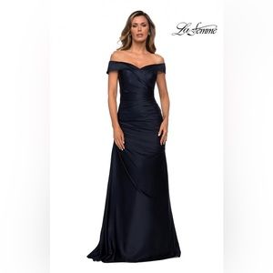 La Femme Off-the-Shoulder Ruched Satin‎ Gown. mother of the bride NWT